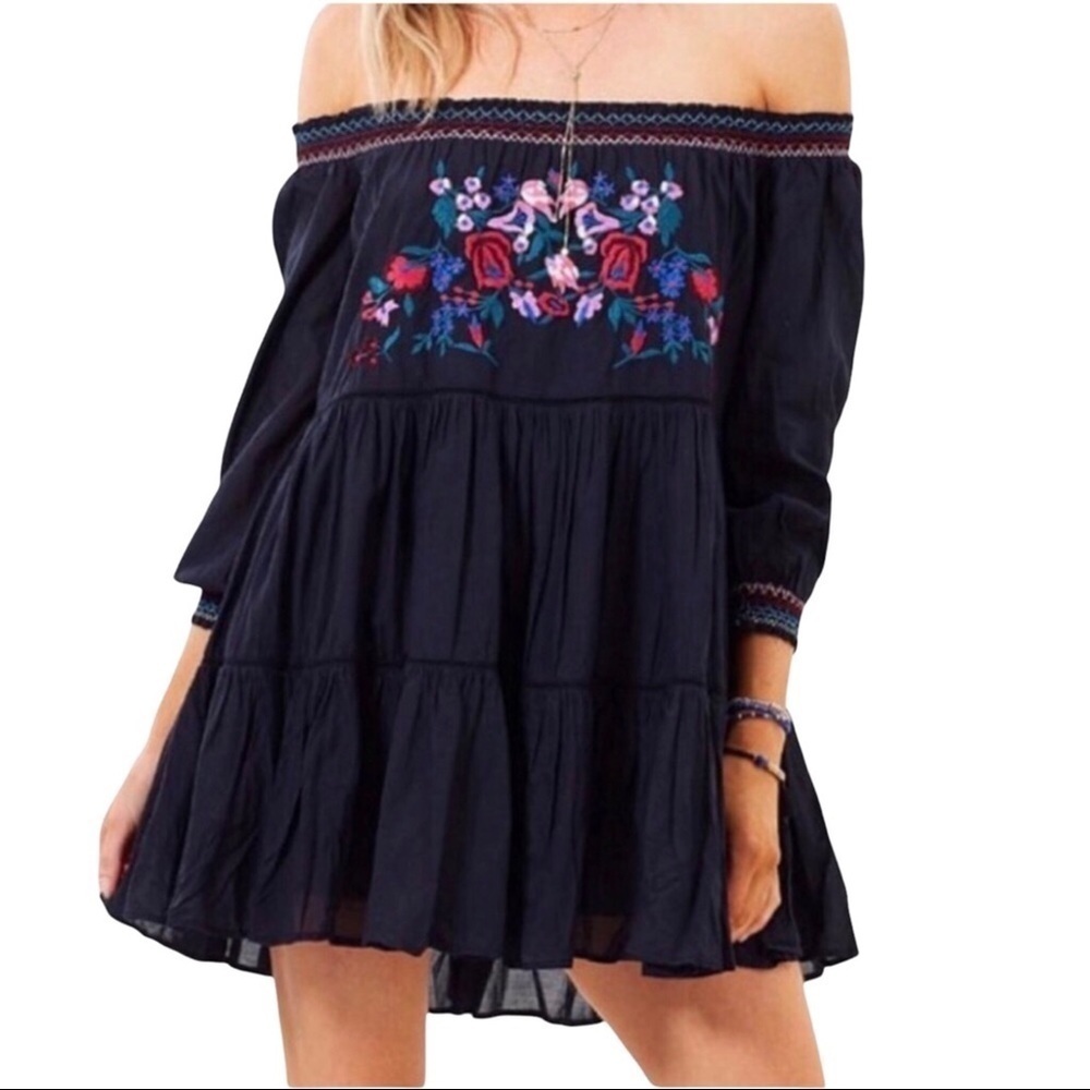 Free People Sunbeams Dress Embroidered Off The Shoulder Mini Black Size Small